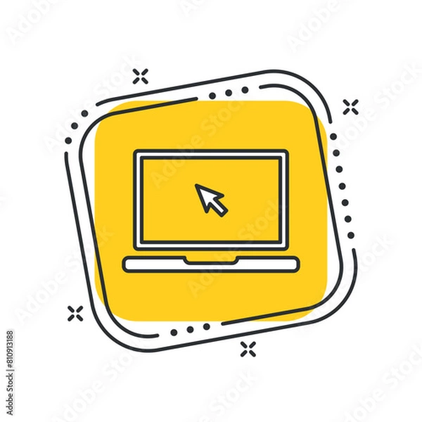 Obraz Cartoon laptop with cursor icon vector illustration. Notebook screen on isolated yellow square background. Click sign concept.