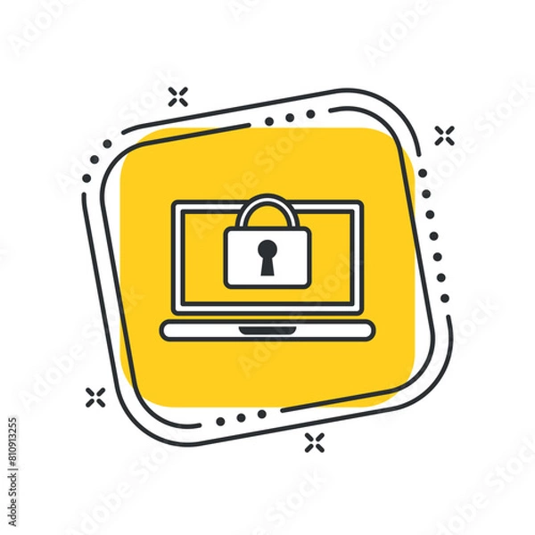 Fototapeta Cartoon laptop with lock icon vector illustration. Padlock on isolated yellow square background. Access sign concept.