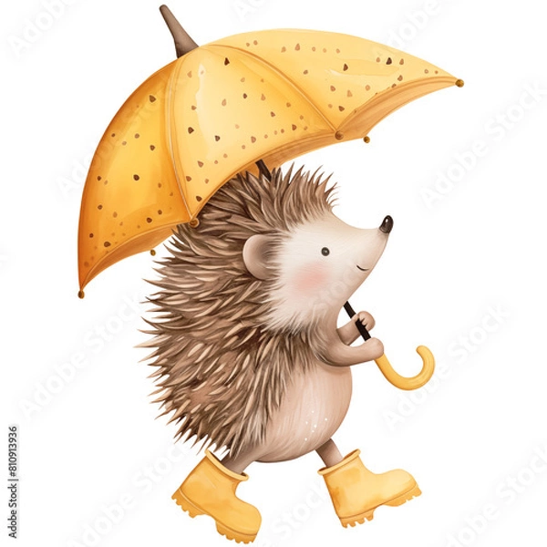 Obraz Walking hedgehog with yellow umbrella and autumn rubber boots