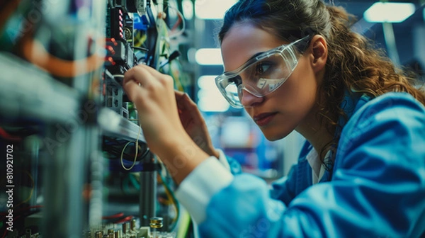 Fototapeta A female american electrical engineer troubleshooting a complex circuit board in a high-tech laboratory