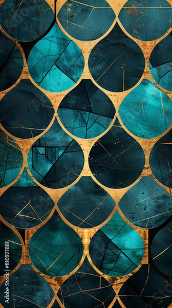 Obraz A background with a pattern of geometric shapes in shades of teal, gold, and black, a sophisticated and modern feel.