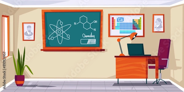 Fototapeta Chemistry classroom school interior background. Lab experiment equipment. Science class with green blackboard, desk, laboratory experiment equipment. Cartoon vector illustration