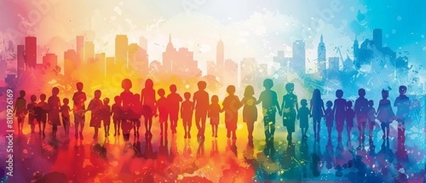 Fototapeta Silhouetted Children Against a Colorful Urban Sunset, using strong visuals and powerful statistics to advocate for global child welfare reforms and support.