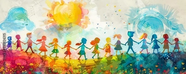 Fototapeta World Children, Colorful Children Silhouette Banner World Children's Rights Day theme, colorful graphics and inspirational messages about child welfare, ideal for public displays