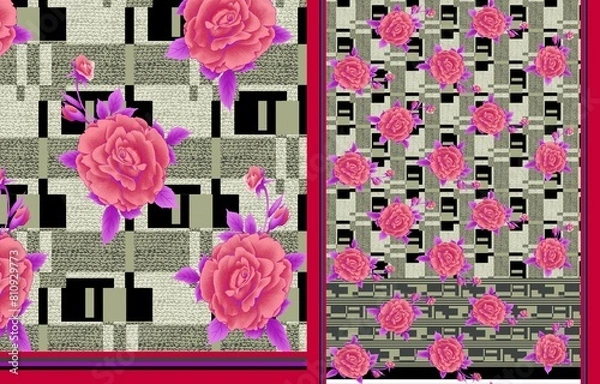 Fototapeta multi abstract pattern sari design, geometrical textile saree in colorful Flower design.