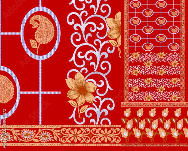 Fototapeta multi abstract pattern sari design, geometrical textile saree in colorful Flower design.