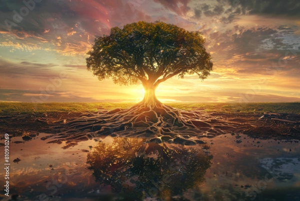 Fototapeta a tree with deep roots firmly planted in the ground, reaching upward with branches stretching towards the sky, representing the stoic principle of being grounded in one's values