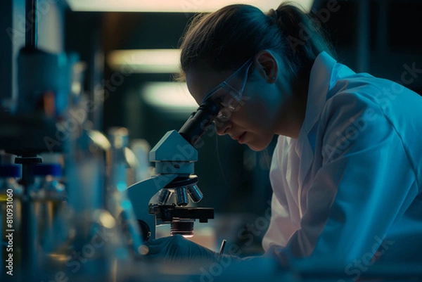 Fototapeta Female scientist using microscope in laboratory