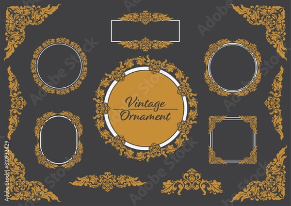Obraz Set Of Golden Vintage ornament with border, frame, crown, corner, label,  mandala and luxury elements, suitable for vintage design or wedding invitation card