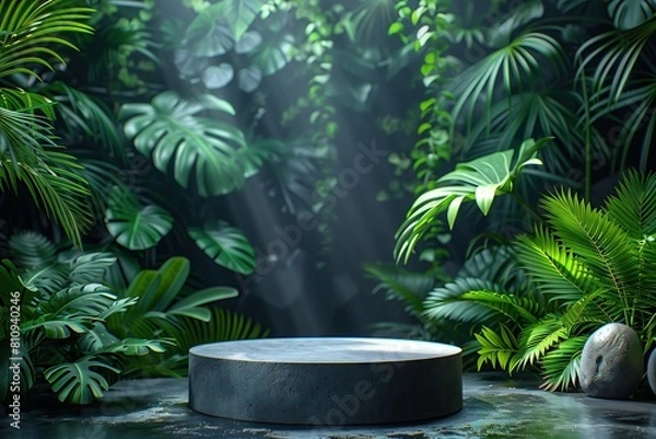 Fototapeta 3d products display podium scene. Tropical rainforest in the background