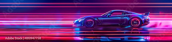 Fototapeta Digital illustration of an elegant sports car in motion, captured from the side with dynamic lines and streaks of light in pink and blue neon colors. The background is blurred to emphasize speed and m