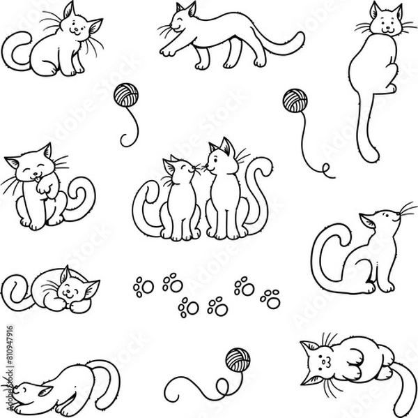Fototapeta Set of Cute Cartoon Cats and cat-related Symbols
