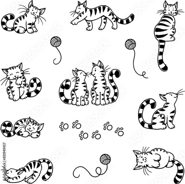 Fototapeta Set of Cute Cartoon Cats and cat-related Symbols