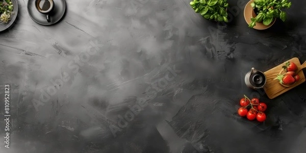 Fototapeta 黒いマットな質感のキッチンテーブル、俯瞰視点
