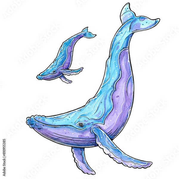 Fototapeta Gouache and Ink Humpback Whale with calf isolated Illustration 