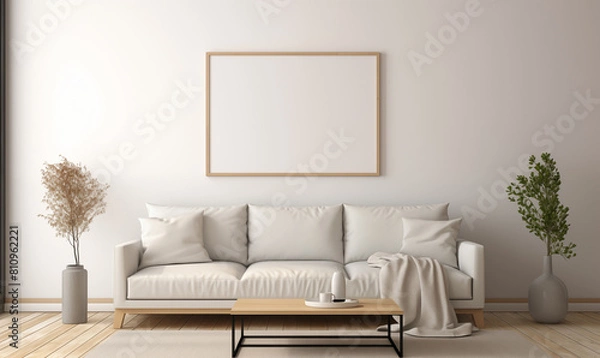 Fototapeta 3d rendering, A minimalist living room with a cream sofa, coffee table and empty picture frame on the wall