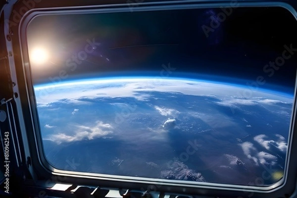 Obraz Blick aus dem Fenster einer Raumschiffs auf die Erde - Weltall - KI generiert