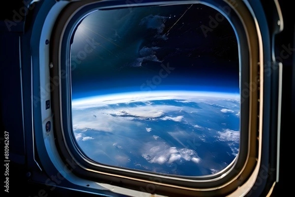 Obraz Blick aus dem Fenster einer Raumschiffs auf die Erde - Weltall - KI generiert