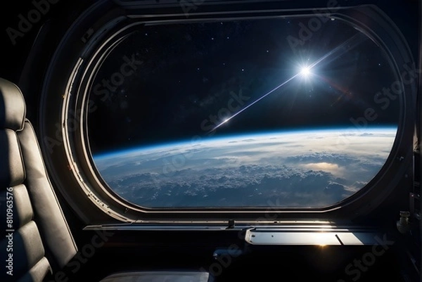 Obraz Blick aus dem Fenster einer Raumschiffs auf die Erde - Weltall - KI generiert