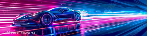 Fototapeta Un coche futurista en movimiento, con luces de neón y estelas de luz creando líneas dinámicas alrededor del vehículo. El fondo es un degradado vibrante de azul a rosa, añadiendo energía y emoción a la