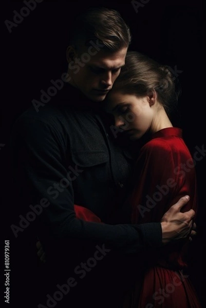 Fototapeta Man and woman embracing each other in a dark room Fictional Character Created By Generative AI. 