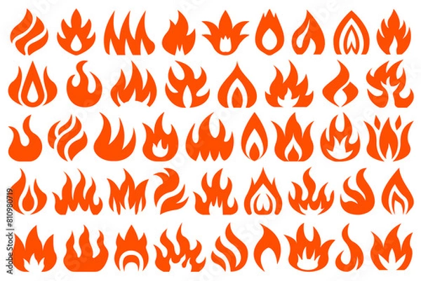 Fototapeta Hot burning red orange fire set. Collection of flat flaming fire design elements. Flame illustration set for logo, icon, design element for your projects. 