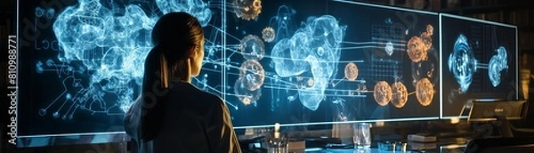 Fototapeta Innovative representation of human cells in 3D visualization on a computer monitor in a research facility, with a researcher analyzing the data