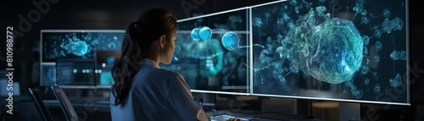 Fototapeta Innovative representation of human cells in 3D visualization on a computer monitor in a research facility, with a researcher analyzing the data