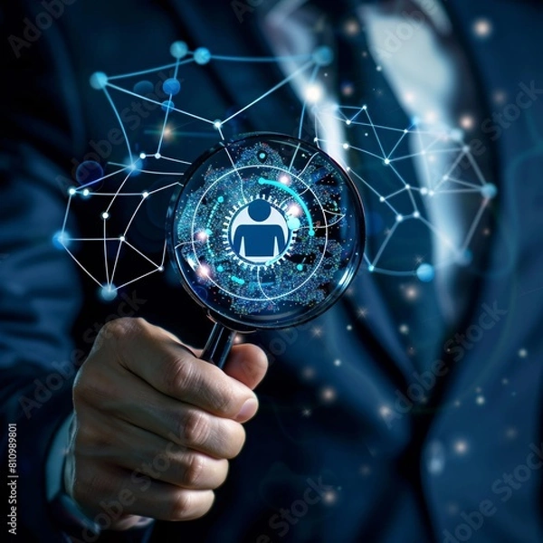 Fototapeta Businessman holding a magnifying glass, symbolizing the exploration of human potential