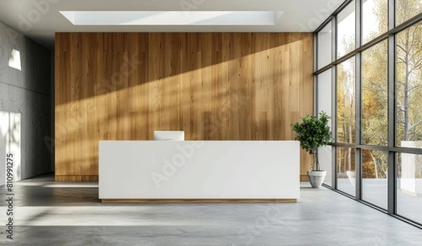 Fototapeta Front view of a white reception desk in an office with a wood paneled wall, minimalist design, and large windows on the right side