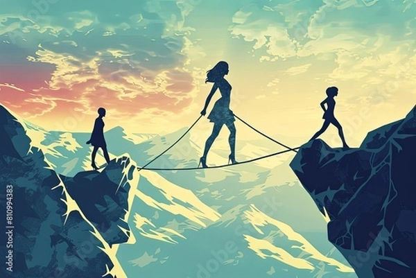 Fototapeta A female entrepreneur bravely walks across a tightrope strung between two mountains, showcasing determination and courage. Generative AI