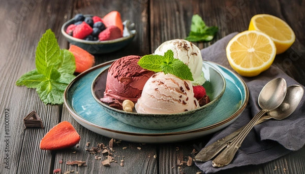 Obraz Plusieurs boules de glace de différentes saveurs servies dans une assiette