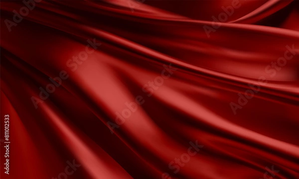 Fototapeta Realistic texture of silk background. Vector 3D texture of silk natural fabric with smooth pleats, red, graceful, dark and expensive scarlet color