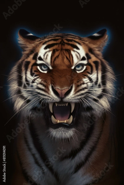 Fototapeta Portrait of a tiger set against a black background. Looking straight at the camera. Soft blue glow rim lighting the animal figure. With a retro vintage sepia tint. Fierce animal.