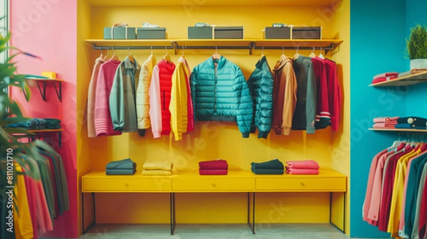Obraz vibrant clothing store display with an assortment of colorful jackets and sweaters hanging neatly. Perfect for retail, fashion marketing, and interior design concepts
