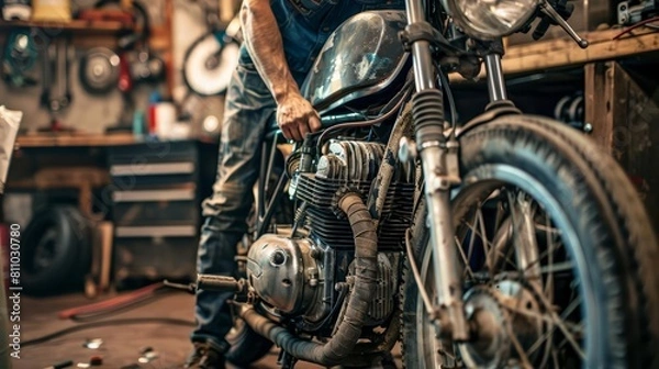 Fototapeta A closeup stock photo depicting a mechanic tuning a vintage motorcycle in a rustic garage, perfect for tool advertisements with copy space