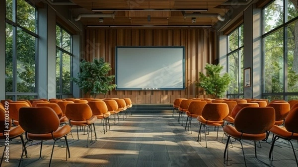 Obraz classroom interior design, a serene university classroom with modern comfortable chairs and a whiteboard, ideal for tranquil higher education settings