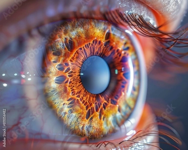Fototapeta An up close image of a brown and blue eye with visible veins and capillaries.