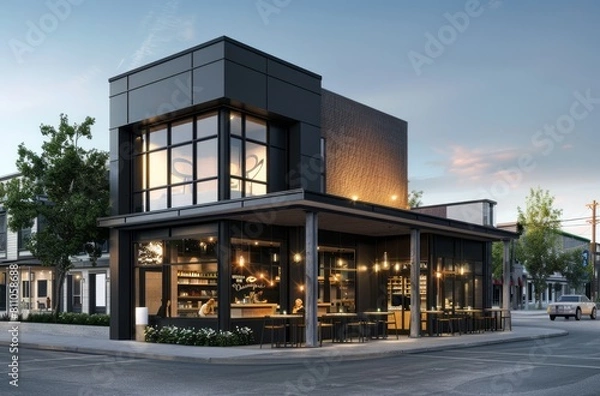Fototapeta Modern coffee shop exterior design rendering, black and gray color scheme with glass windows on the front of twostory building facade