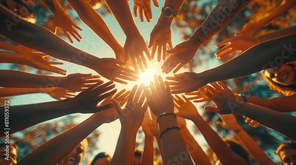 Obraz Close-up group of people joining hands together as the sun rises or sunset