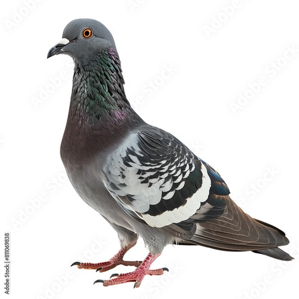 Fototapeta A gray and white pigeon stands on a branch. The pigeon has a dark gray head and neck, with a lighter gray body and white wings. The pigeon's beak is black and its feet are pink.