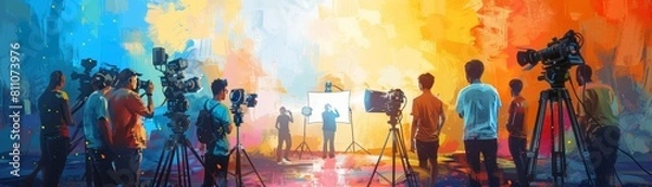 Fototapeta An LGBTQ filmmaker directing a diverse cast on a bustling movie set, with cameras and lighting equipment, capturing a pivotal scene for an upcoming drama film