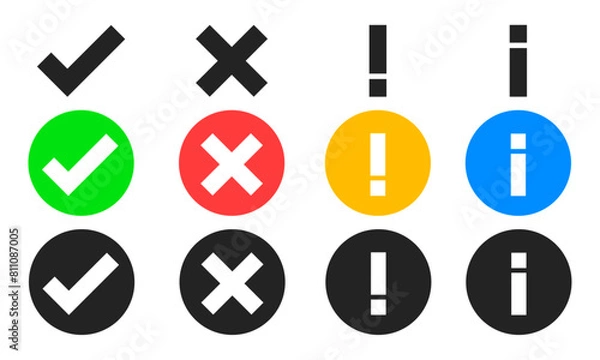 Obraz check mark, cross mark, exclamation mark, and information mark in multiple colors vector icon set