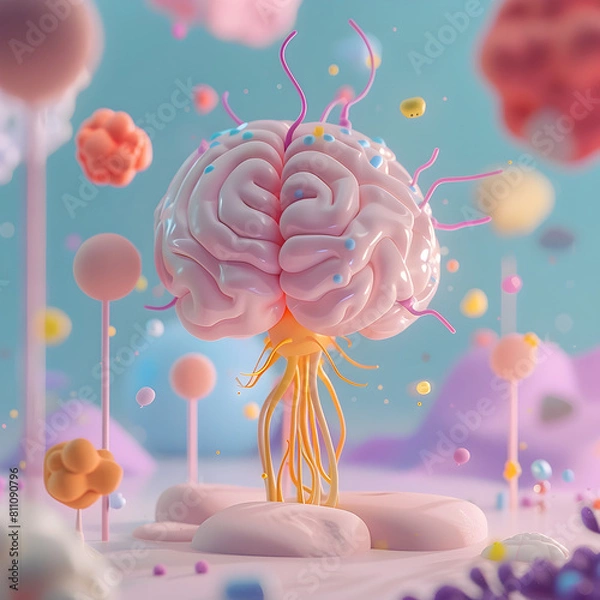 Fototapeta Brain Synapse Cartoon 3D Rendering Minimalist Concept for Advertising and Social Media Post Template