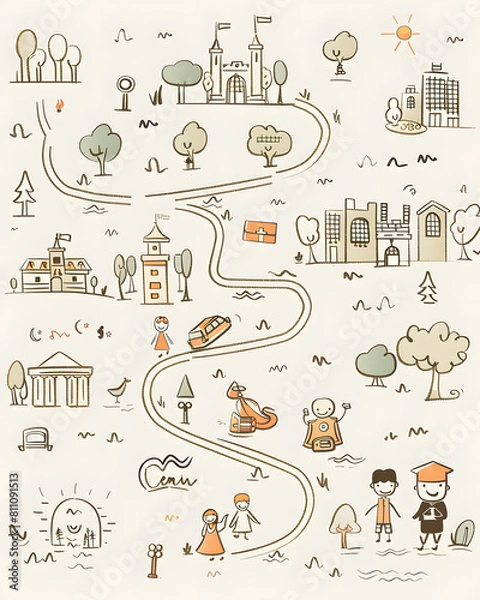 Fototapeta Simple childlike map line hand drawings in a doodle style isolated on white