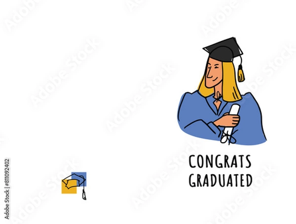 Fototapeta The student holds a scroll tied with a ribbon. Flat vector illustration in cartoon style. A graduate in ceremonial attire winks. Postcard template. Closed book