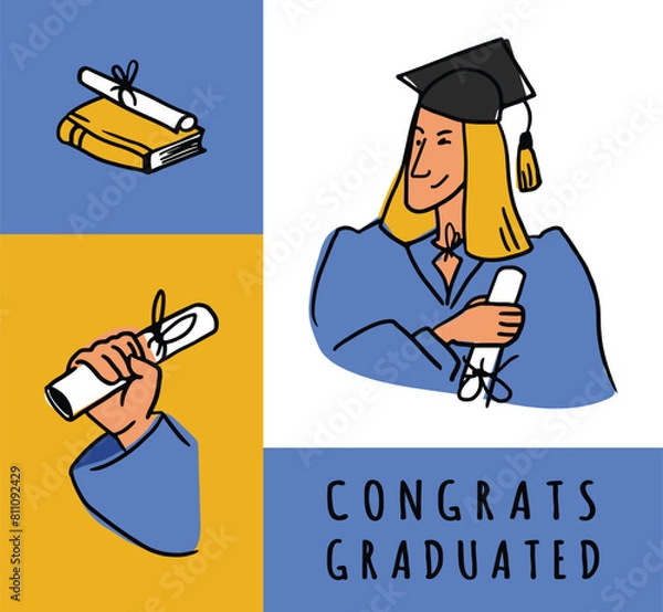 Fototapeta The student holds a scroll tied with a ribbon. Flat vector illustration in cartoon style. A graduate in ceremonial attire winks. A set of elements for banner and postcard design. Closed book
