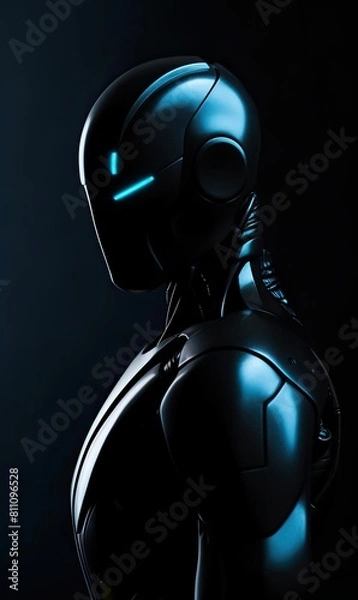 Obraz Humanoid Robot Made from Teal Smooth Metal, Mid Body Shot, Subdued Blue Lighting