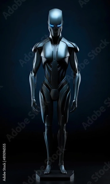 Obraz Humanoid Robot Made from Teal Smooth Metal, Full Body Shot, Subdued Blue Lighting