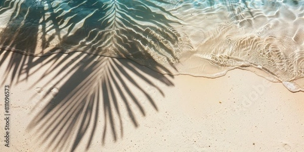Fototapeta Top view of the shadow of palm leaves on the seashore. Summer beach concept.